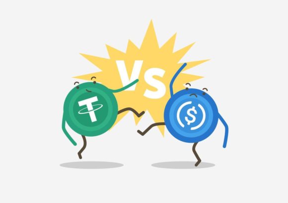 usdt vs usdc stablecoins cryptocurrency cartoon concept vector